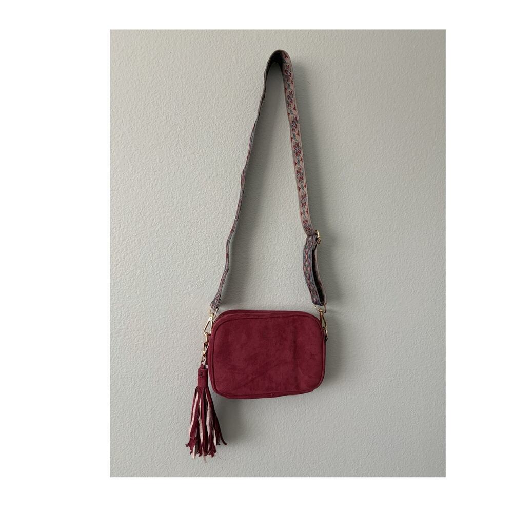 ah.dorned Berry Vega Suede Crossbody Bag with Detachable Strap and Tassel - Picture 1 of 8
